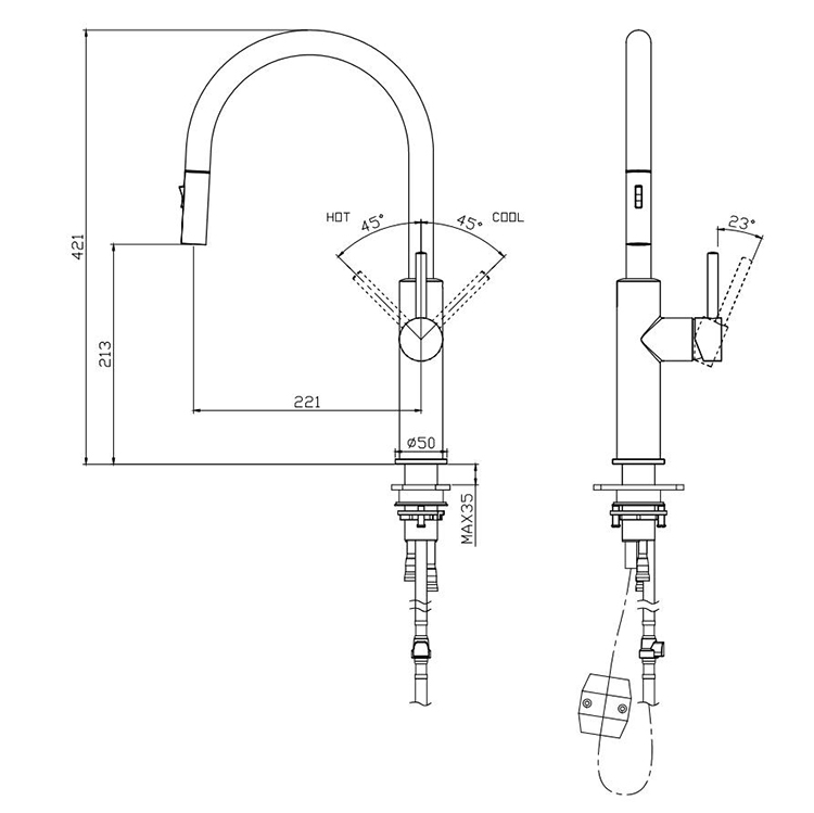Luxury SUS304 Kitchen Faucet Brushed Finished Pull Down Hot And Cold Water Kitchen Sink Mixer Faucet