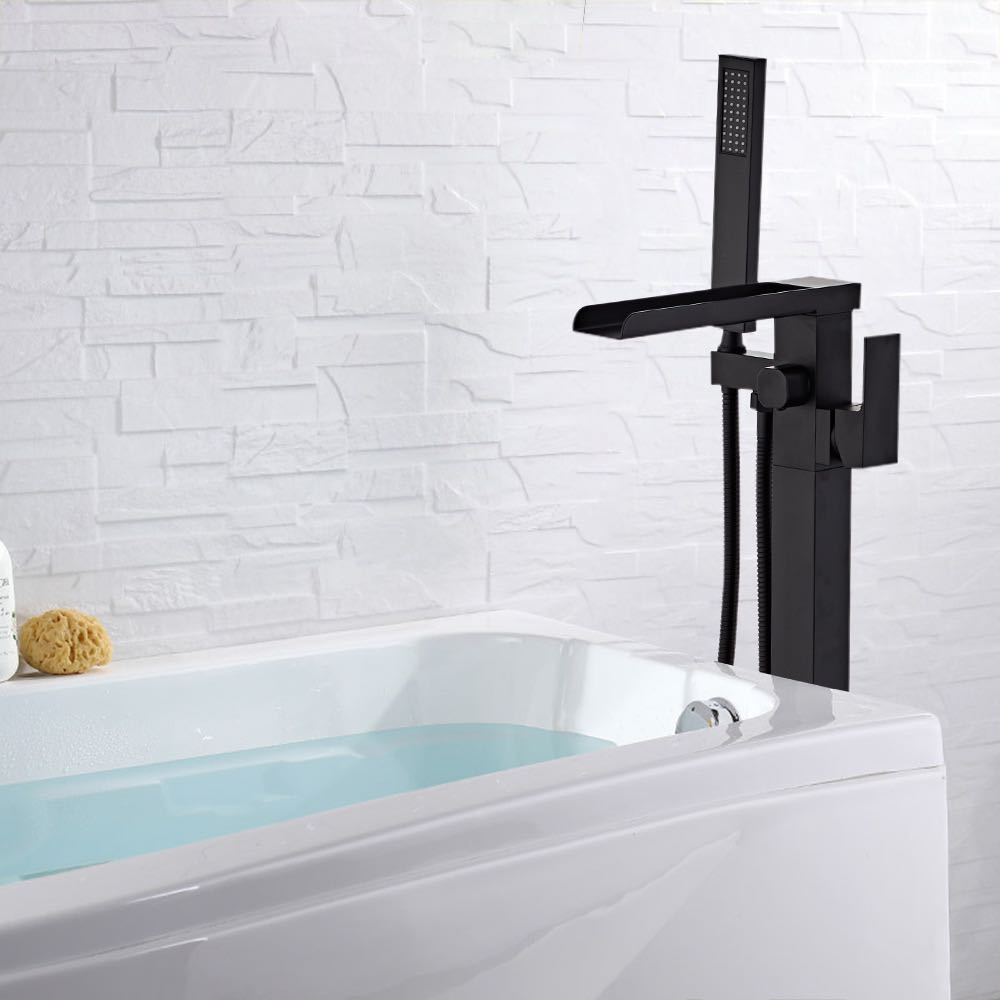 2022 Popular High Quality Square Matte Black Waterfall Shower Set Freestanding Bathtub Faucet